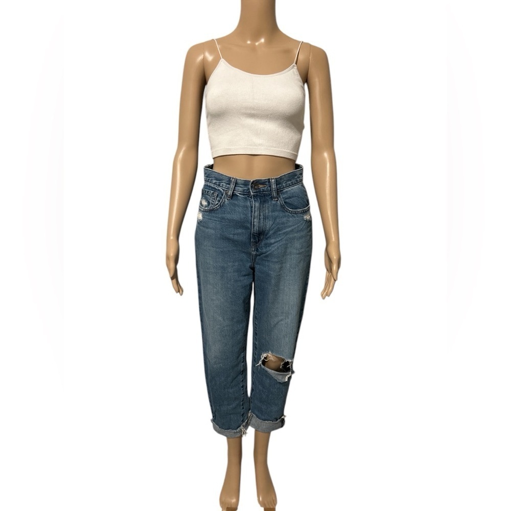 Uniqlo high rise dark washed tattered denim